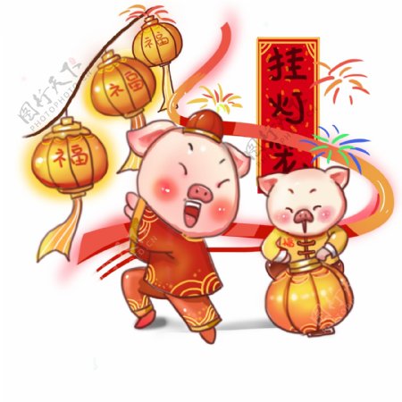 卡通手绘新年小福猪挂灯笼