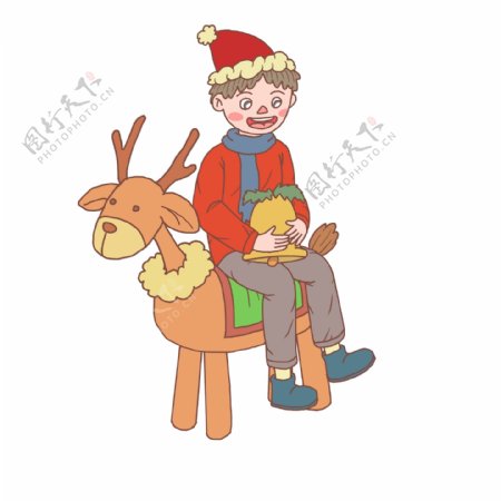 圣诞节卡通手绘男孩和玩具鹿