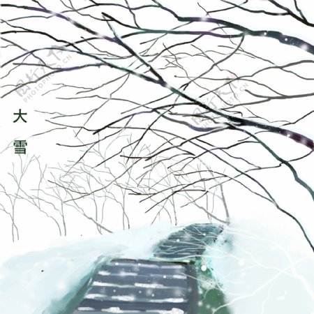 卡通手绘二十四节气大雪山上的台阶树枝