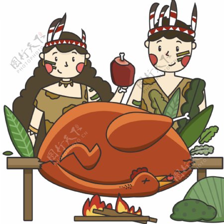 卡通手绘节日感恩节烤火鸡的原始人