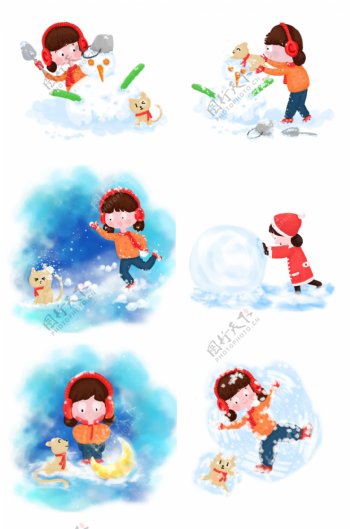 冬天冬季女孩猫咪户外雪地玩耍手绘插画