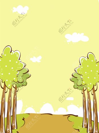 黄色卡通自然树林夏日背景图
