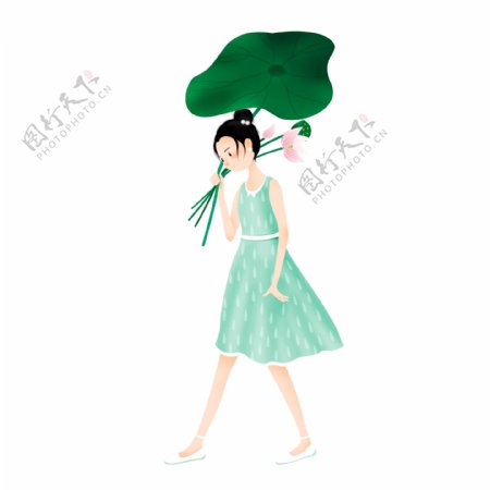 绿色小清新撑着荷叶伞的女孩