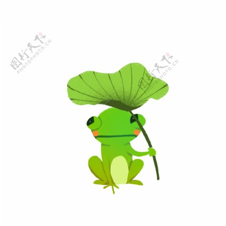 绿色清新撑着荷叶伞的青蛙