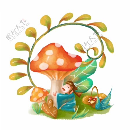 可商用中国风小清新水彩小女孩采蘑菇场景