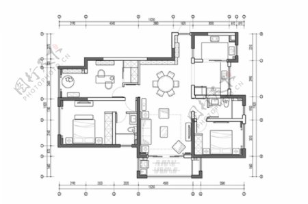 三居室户型CAD平面图