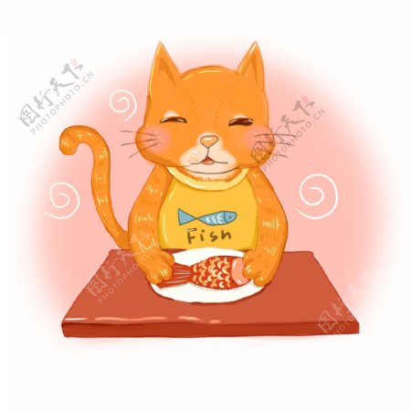 卡通可爱胖橘猫吃鱼拟人手绘可商用