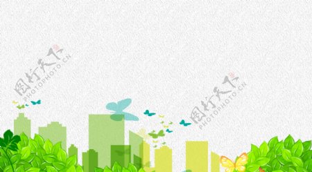 清新风手绘绿色城市插画背景