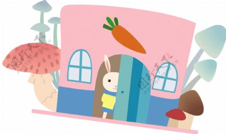 兔子蘑菇房子卡通可爱矢量素材