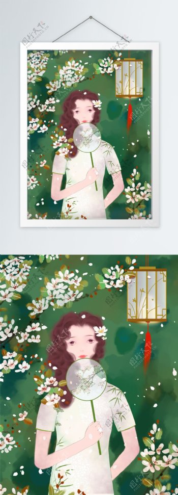 原创手绘中国风唯美梨花民国少女装饰画