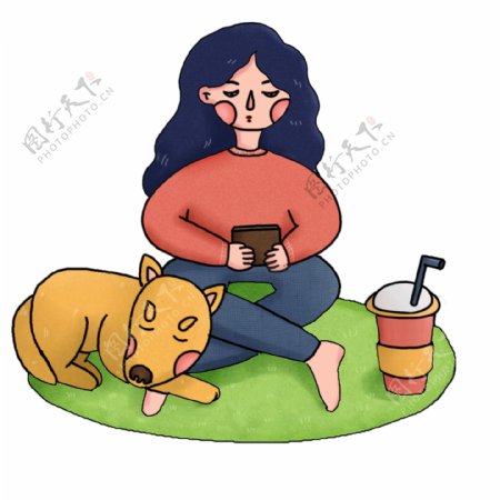 女孩与狗可爱创意元素卡通可爱甜美草坪
