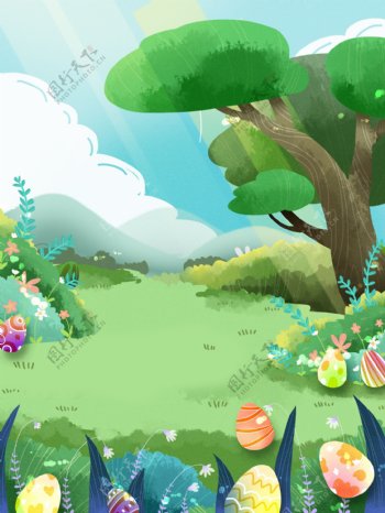 绿色手绘复活节郊外彩蛋插画背景