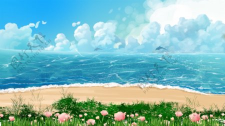 卡通手绘蓝色海边风景插画背景