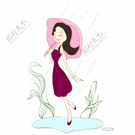 打伞的女人下雨天手绘