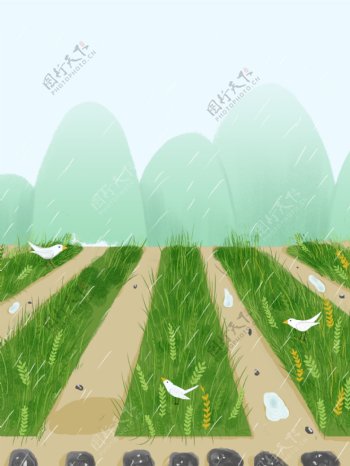 手绘麦田里的绿色植物与鸟元素