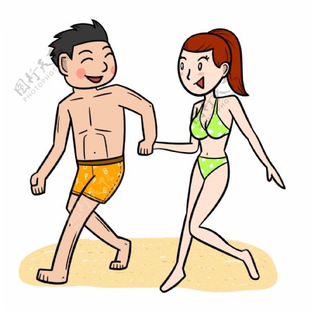 卡通夏季情侣沙滩跑闹png透明底