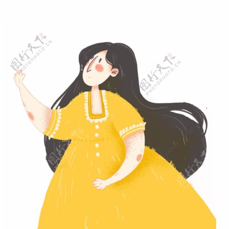 卡通黄裙长发女孩图案元素