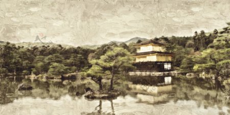 复古日本日本金阁寺油画酒店饭店装饰画