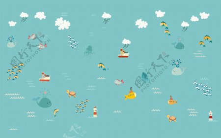 儿童卡通大海小船鱼天空喷绘壁画