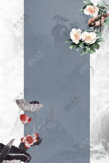 复古中国风工笔画水墨花卉背景