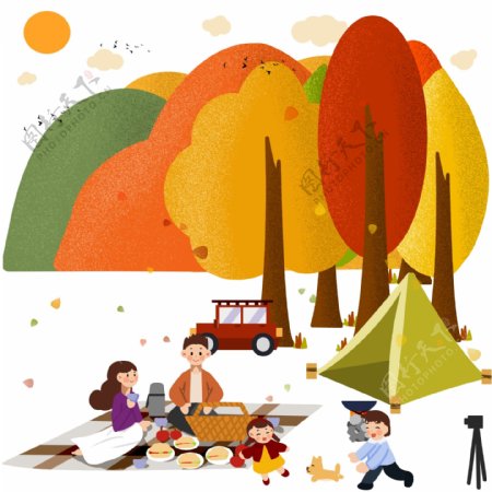 秋天野餐郊游的一家人