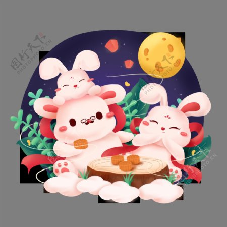 中秋节家庭团圆月兔吃月饼可商用设计素材