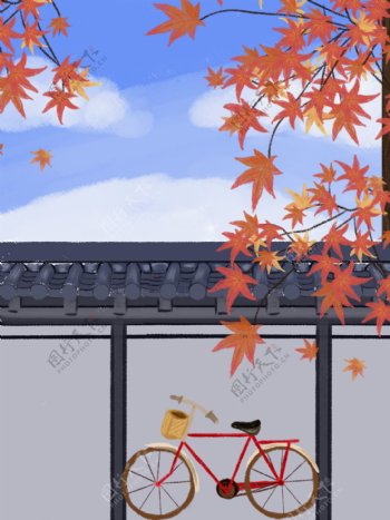 红色枫叶外墙边角背景秋天