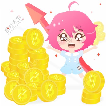 手绘卡通萌系女孩送虚拟货币比特币装饰元素
