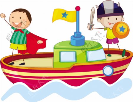 卡通儿童在船上