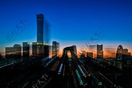 北京CBD城市夜景风光的建筑