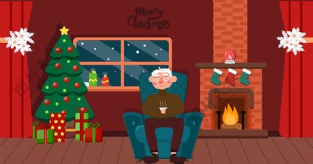 卡通老年人圣诞节圣诞树室内烤火