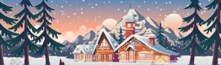 冬季山景带房屋或小木屋插图