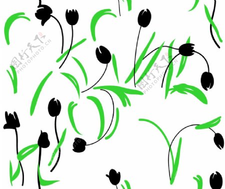 黑色小花绿叶抽象花风格花