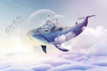 鲸鱼天空梦幻云朵插画墙画背景