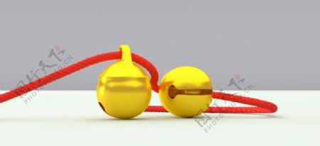 C4D金色铃铛模型红绳铃铛