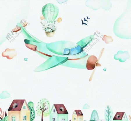 飞机热气球房屋卡通装饰图