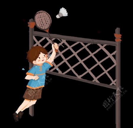 卡通打羽毛球的男孩插画