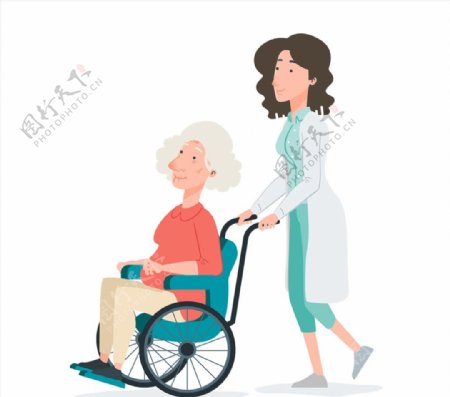 推患者轮椅的女医生图片
