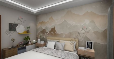 新中式山水背景墙效果图图片