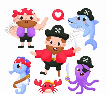 卡通海盗和海洋动物图片