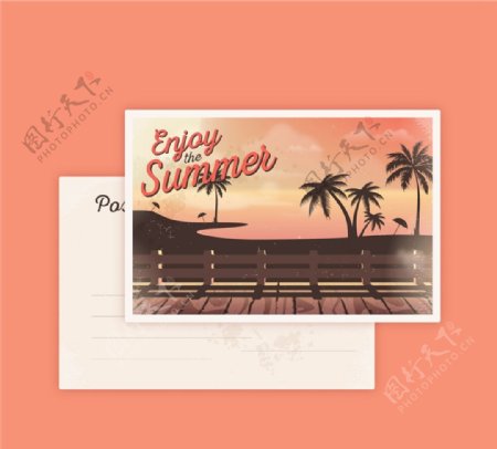 夏季沙灘椰樹明信片圖片