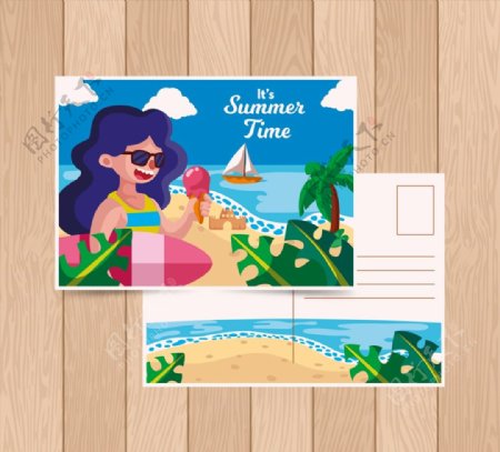 海边度假女子明信片图片