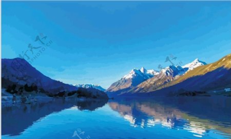蓝色天空雪山湖泊矢量版油画图片