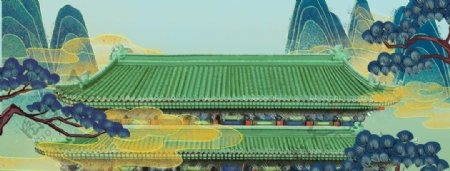 中国风国潮复古古建筑山水风海报图片