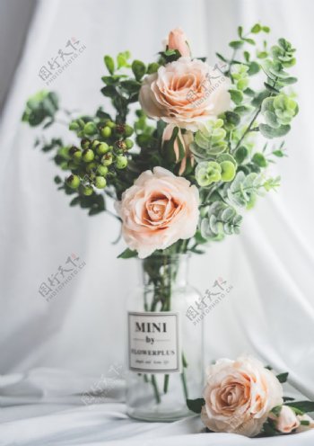 花瓶里的粉色玫瑰花图片