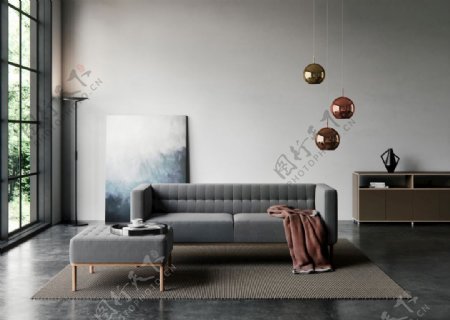 现代北欧客厅灰色沙发图片