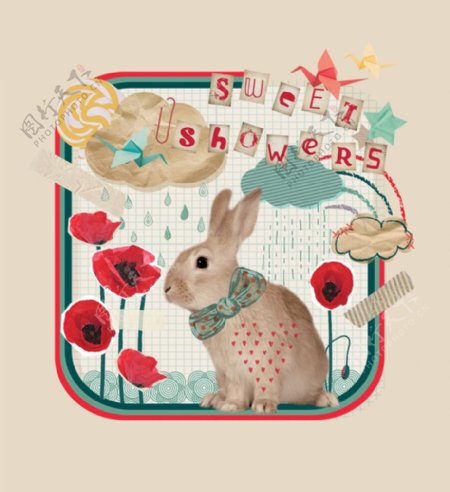 位图插画动物兔子花朵免费素材