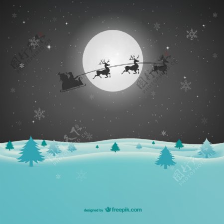 卡通雪原圣诞夜雪橇