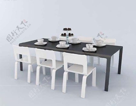 一桌六椅餐桌椅组合3D模型