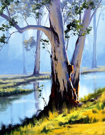油画河畔树林图片